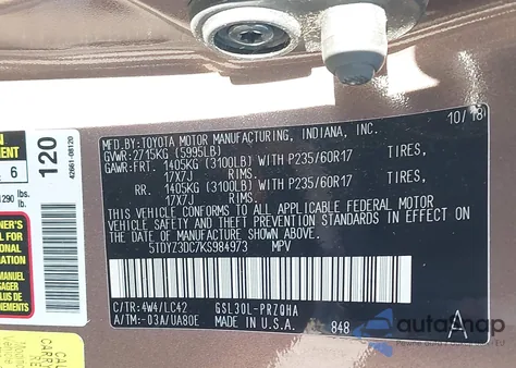 2019 Toyota Sienna Xle 8 Passenger z USA, uszkodzony, nr VIN 5TDYZ3DC7KS984973